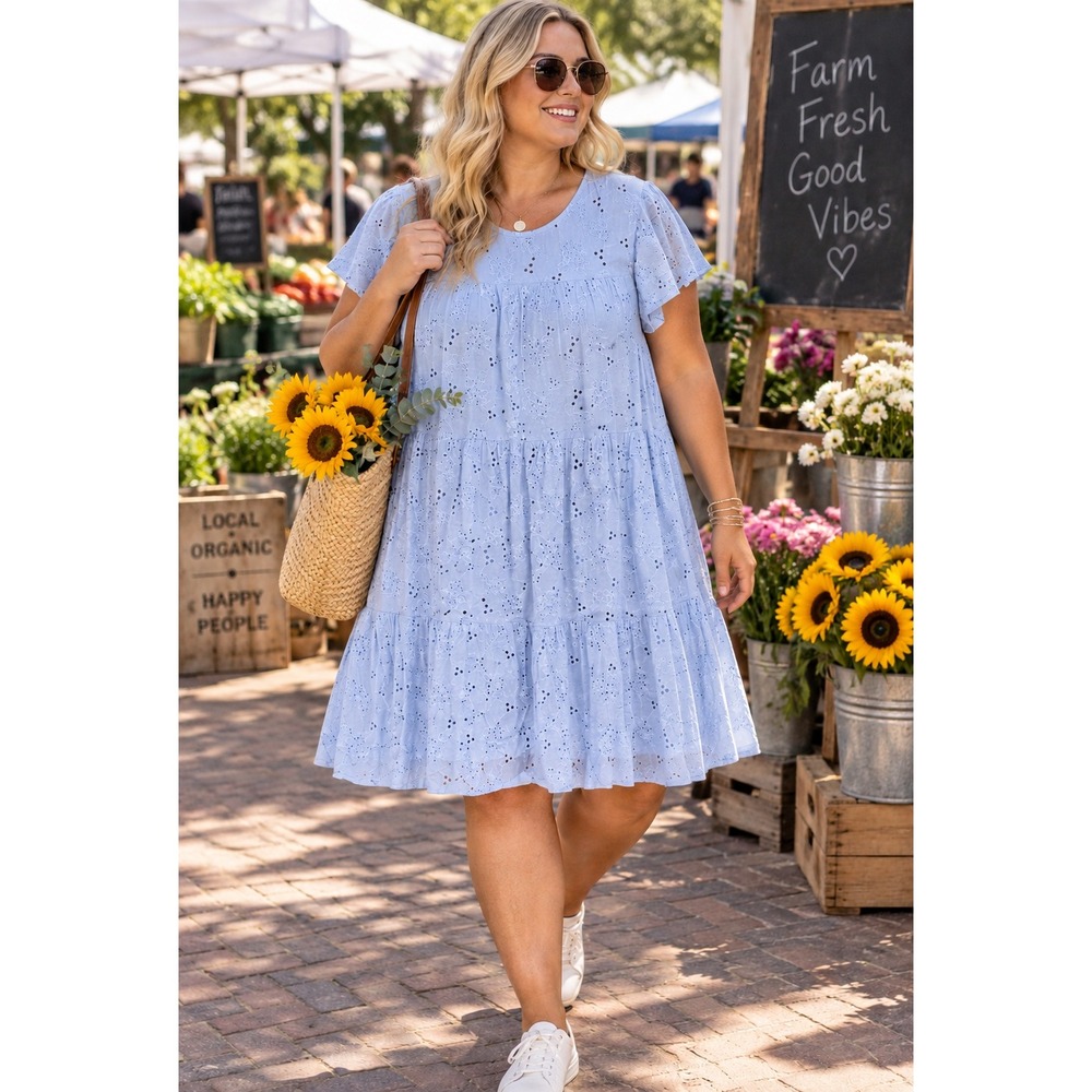Simplee Womens XL Light Blue Eyelet Tiered Babydoll Mini Dress Cotton Short Slv